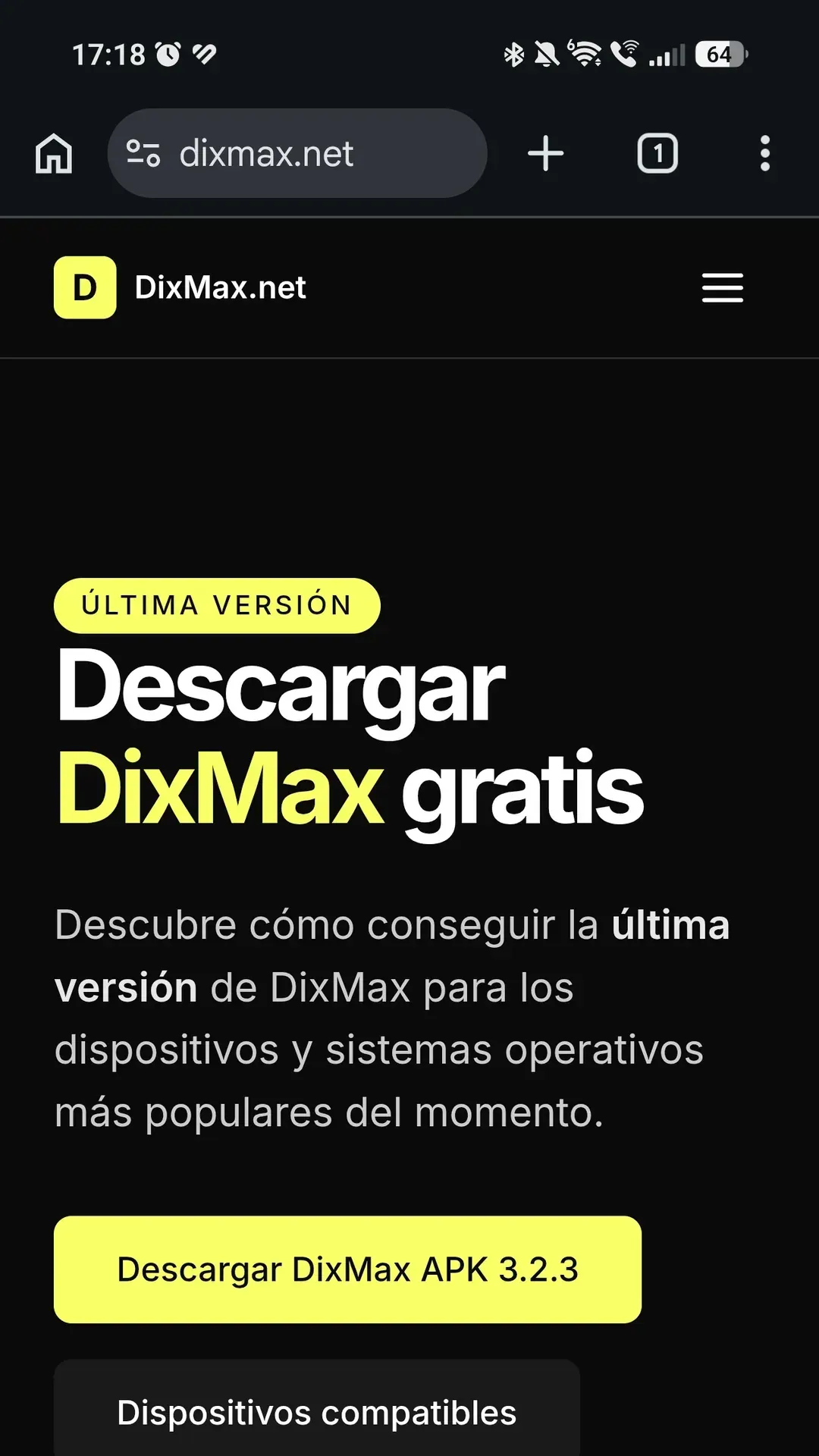 Navegador Chrome en dixmax.net con el botón «Descargar DixMax APK 3.2.3» en pantalla