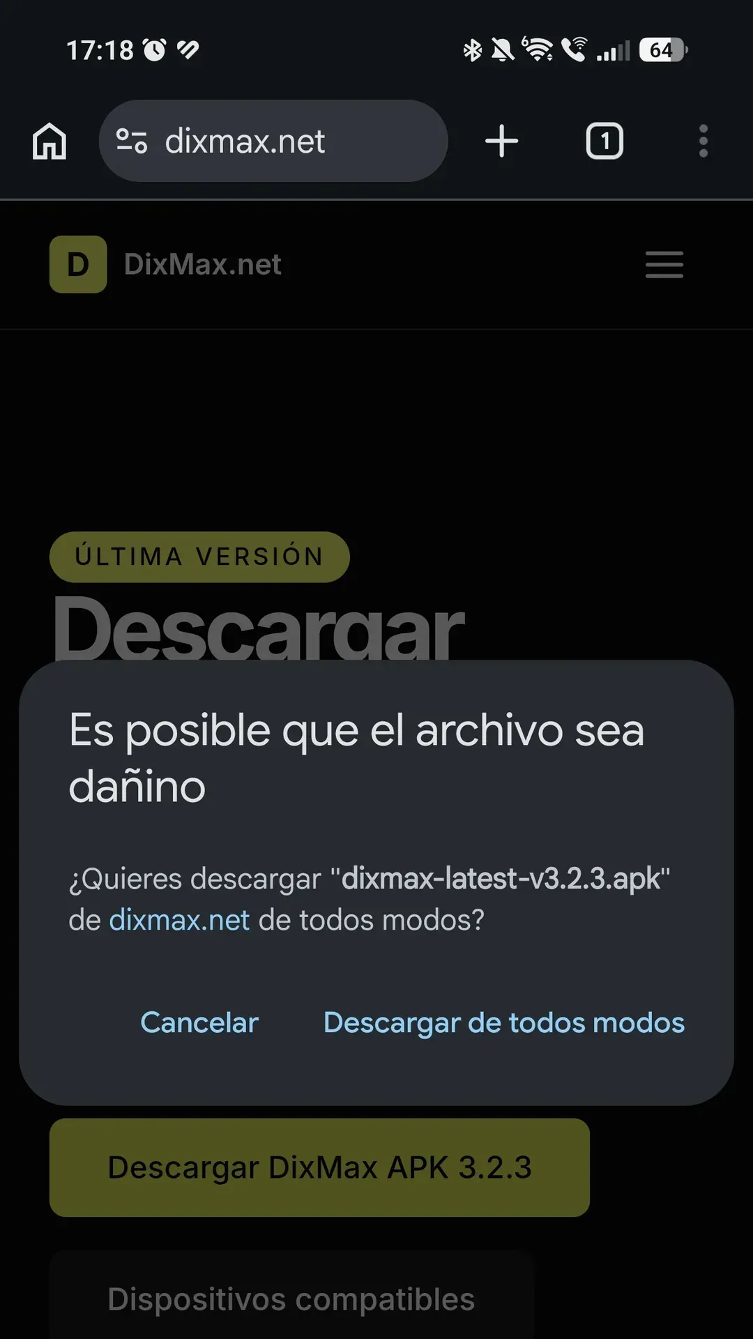 Aviso de Chrome al descargar el APK: «Es posible que el archivo sea dañino», con la opción «Descargar de todos modos»