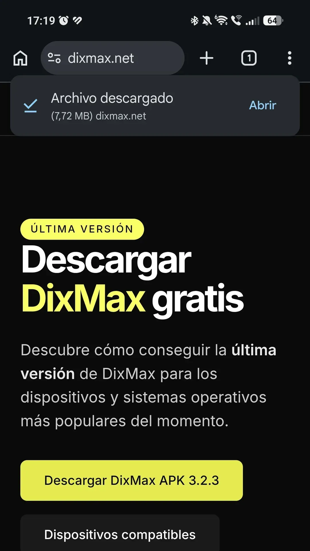 Chrome mostrando el archivo dixmax-latest-v3.2.3.dixmax.es.apk descargado con 7,72 MB y el botón «Abrir»