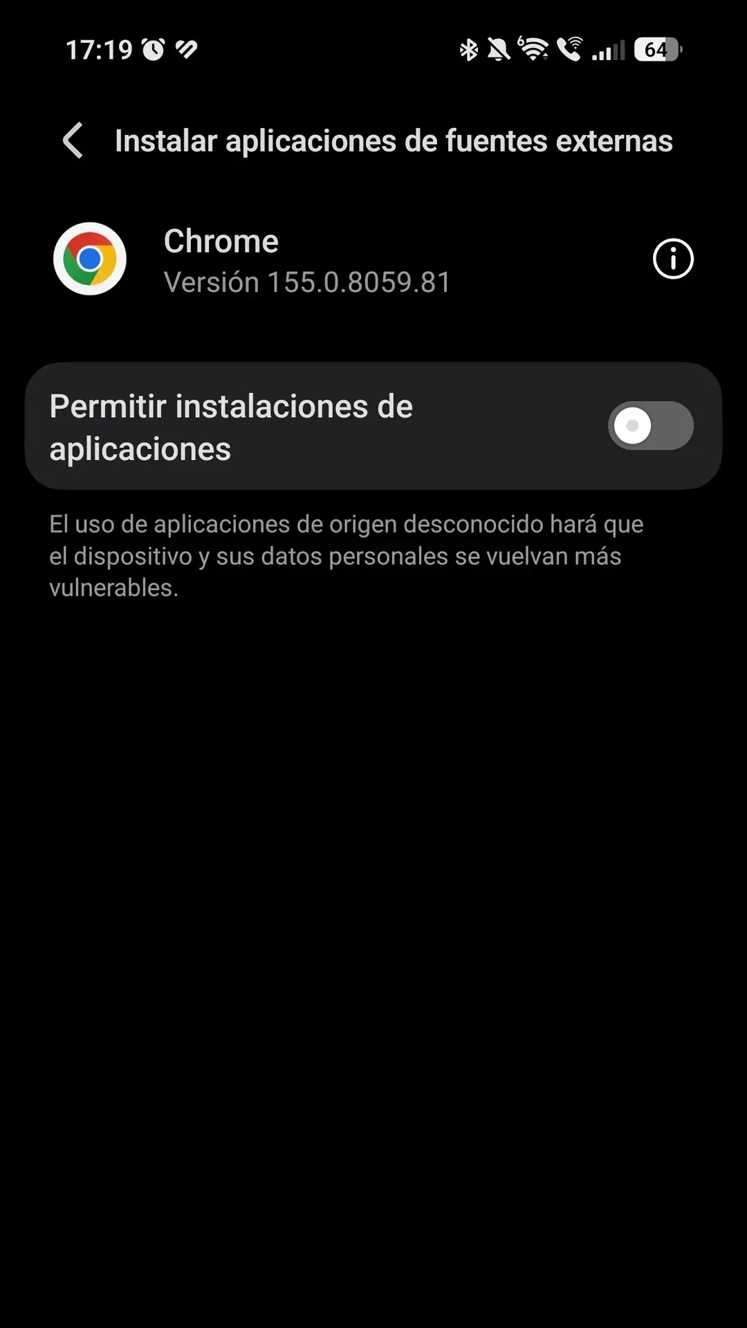 Ajustes de Android, pantalla «Instalar aplicaciones de fuentes externas», con el interruptor «Permitir instalaciones de aplicaciones» activado para Chrome