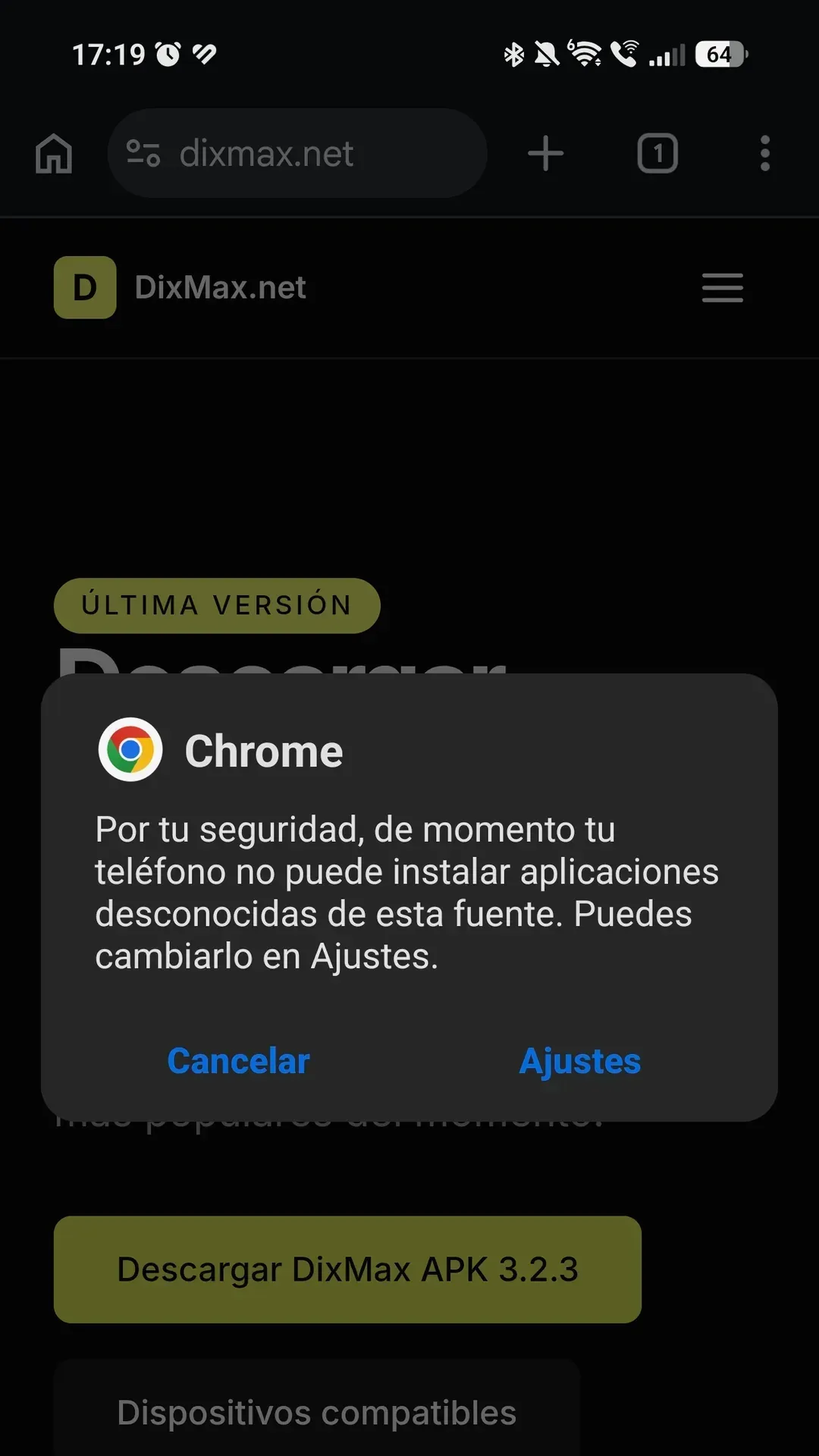 Chrome avisando de que el teléfono no puede instalar aplicaciones desconocidas de esta fuente, con el botón «Ajustes»