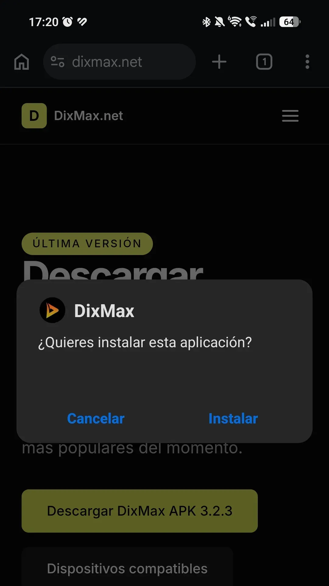 Instalador de Android preguntando «¿Quieres instalar esta aplicación?» para DixMax, con los botones «Cancelar» e «Instalar»